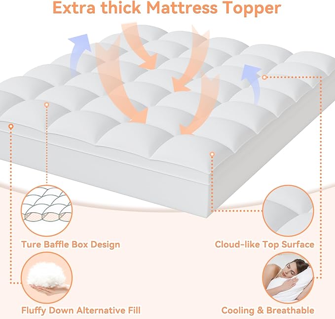 Topllen Full Mattress Topper for Back Pain Relief, Extra Thick Pillow Top Plush Mattress Pad with Deep Pocket, Soft Pillowtop Full Size Bed Toppers Filled Fluffy Down Alternative, White