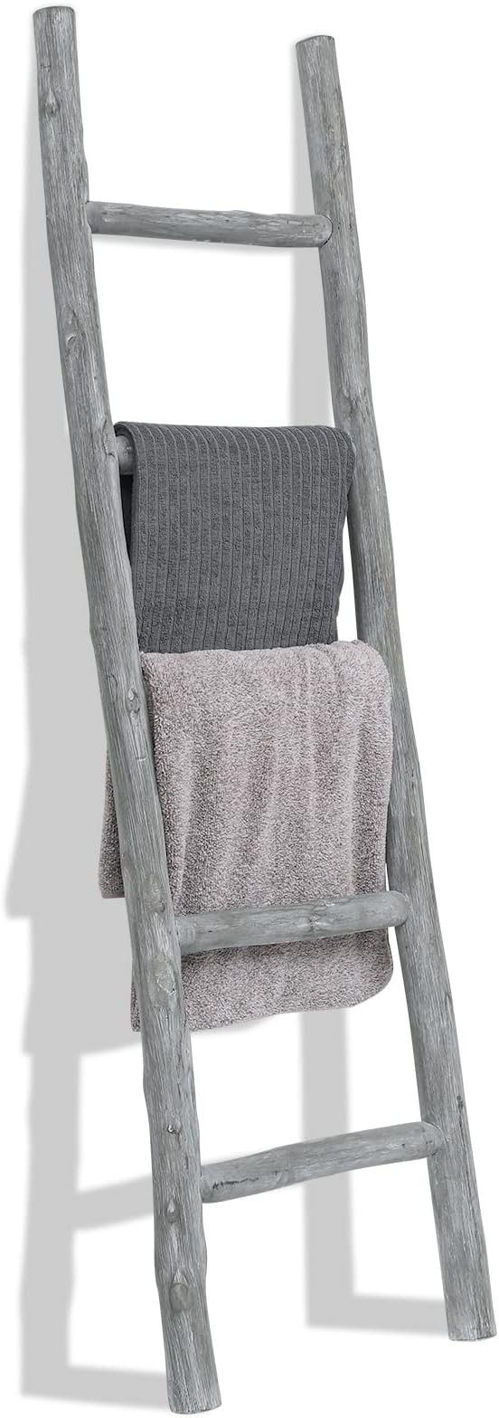 FUIN Fully Assembled 57in Wood Blanket Ladder Living Room Decorative Wall Leaning Farmhouse Quilt Display Holder Rustic Wooden Towel Rack for Bathroom, Light Gray & Whitewashed