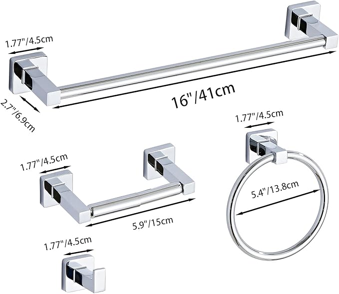 Chrome Bathroom Hardware Set 4 Pieces,Towel Bar Set Stainless Steel Wall Mounted, Includes 16In Hand Towel Bar, Towel Ring, Robe Towel Hooks,Toilet Paper Holder, Bathroom Towel Rack Set