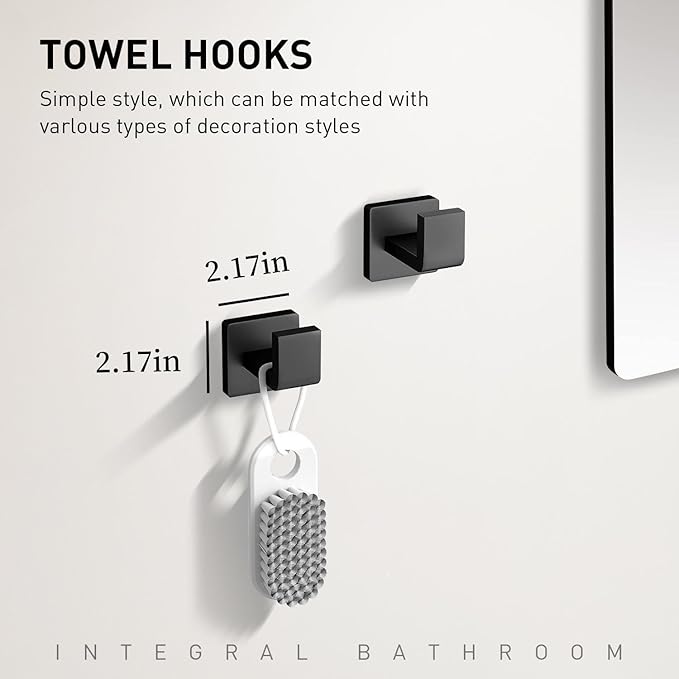 Bathroom Accessory Towel Bar Set: 5 Pieces Matte Black Square Bathroom Hardware SUS304 Stainless Steel - 24 Inch Wall Mounted Towel Rack&Toilet Paper Holder&Towel Ring and Towel Hook