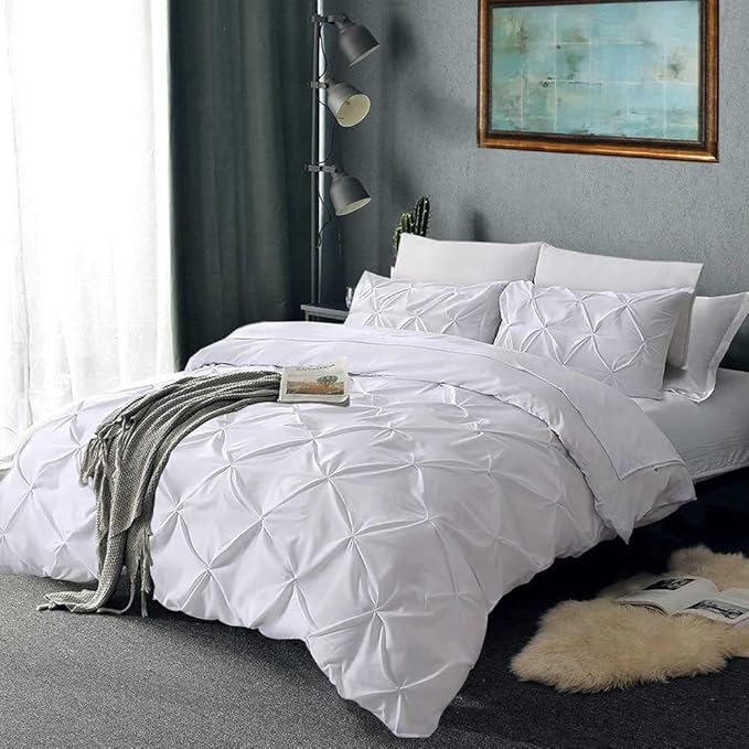 Pinch Pleated Duvet Cover Set 100% Brushed Microfiber 3PC Oversize Plus Size 128x120 Duvet Cover Set, Decorative Pinch Design White Duvet Cover with Matching Pillow Case