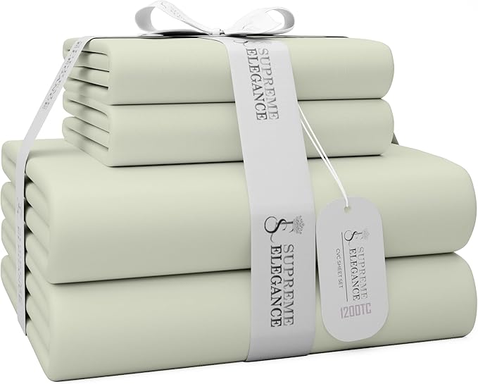 1200 Thread Count Cotton Rich Full Oatmeal Sheets Set, Ultra Soft & Silky Luxury Sateen Bed Sheets, Moisture Wicking & Wrinkle Resistant (1 Flat Sheet, 1 Fitted Sheet & 2 Pillowcases)