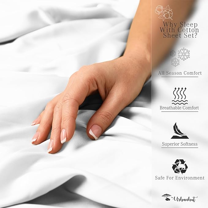URBANHUT 100% Egyptian Cotton Full Size Sheet Set - 1000 Thread Count, Luxury Bedsheets for Full Size Bed, Long Staple, 16 Inches Deep Pocket, Super Soft Breathable, Sateen Weave Sheets, 4 Pc White