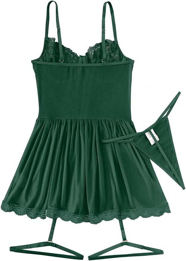 Lilosy Sexy Garter Belt Mesh Lace Babydoll Lingerie Dress Set with Thong