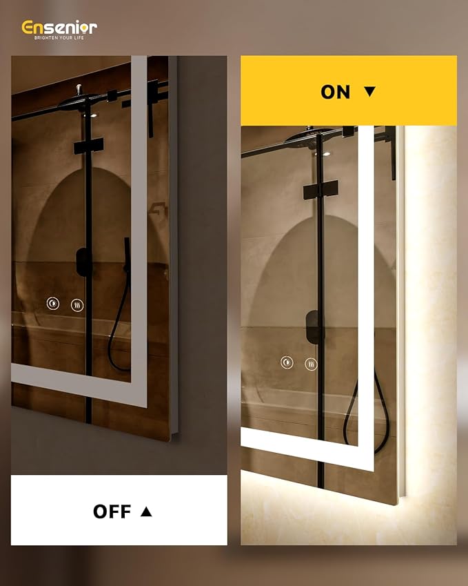 Ensenior LED Bathroom Mirror 30"x 36" with Front and Backlight, Stepless Dimmable Wall Mirrors with Anti-Fog, Shatter-Proof, Memory, 3 Colors, Modern LED Vanity Mirror-FCC