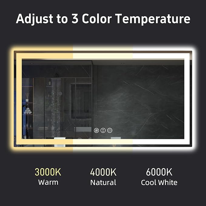 55"x 36" LED Bathroom Mirror with Lights, Double Lighting Sources Dimmable, Backlit + Front Lit, Anti-Fog, 3 Colors Lighted Bathroom Vanity Mirror for Wall Tempered Glass (Horizontal/Vertical)