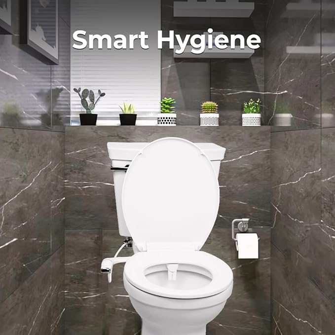 GenieBidet Bidet Attachment for Toilet, Ultra-Slim Self Cleaning Toilet Bidet with Separate Rear & Feminine Cleansing Nozzles, Includes Travel Bidet & 4 Accent Rings (Right-Handed)