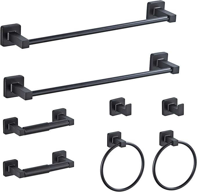 Matte Black Bathroom Hardware Set 8 Pieces,Towel Bar Set Stainless Steel Wall Mounted, Includes 16In Hand Towel Bar, Towel Ring, Robe Towel Hooks,Toilet Paper Holder, Bathroom Towel Rack Set…