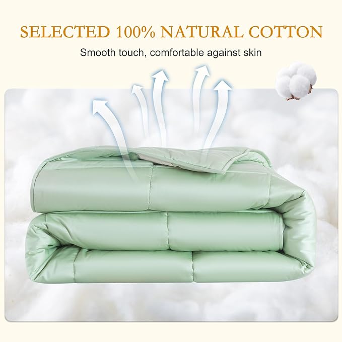 YOUR MOON Luxurious All Season Wool Comforter King Size, 100% Natural Australian Wool Filling, Hypoallergenic Comforter Duvet Insert, Noiseless Cotton Shell (Green)