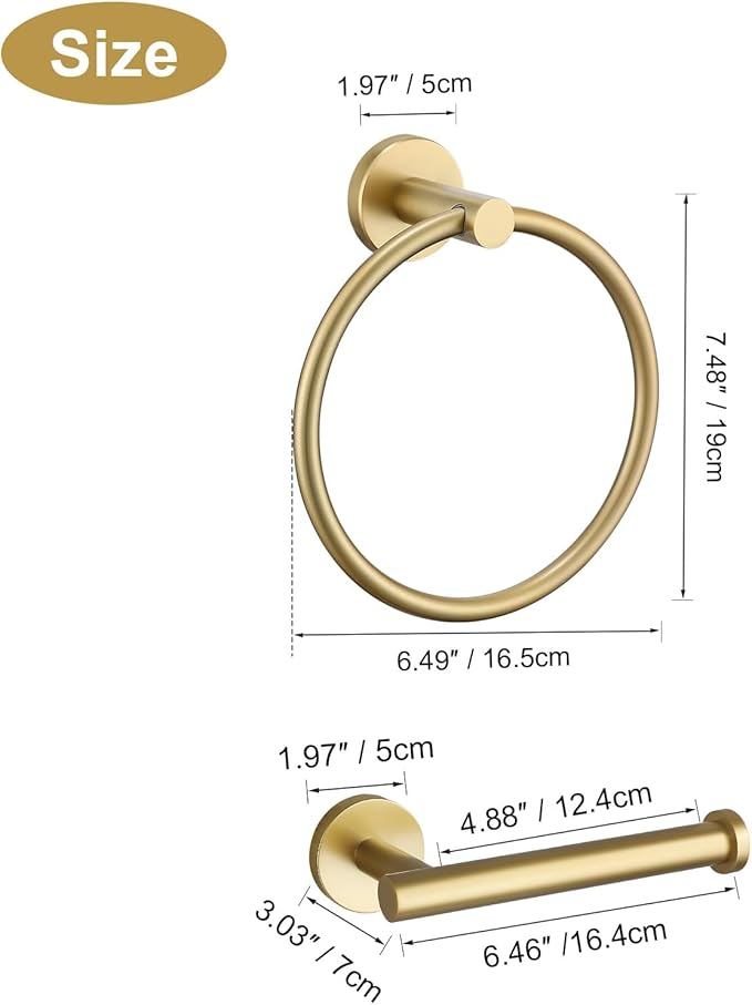 Brushed Gold Bathroom Accessories Set - 2 Piece Wall Mounted Toilet Paper Holder & Hand Towel Ring, Durable Stainless Steel with Brass Finish, Rustproof Bathroom Hardware Installation Kit