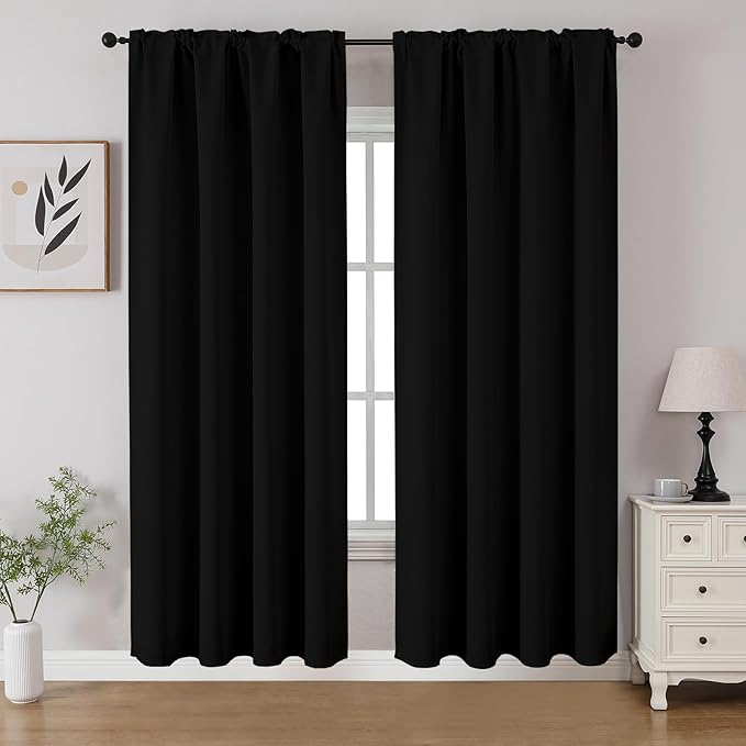 CUCRAF Black Blackout Curtains 72 inch Length 2 Panels Set, Rod Pocket Room Darkening Drapes for Bedroom Living Room, Insulated Thermal Light Blocking Window Curtain (W52 x L72 Inch)
