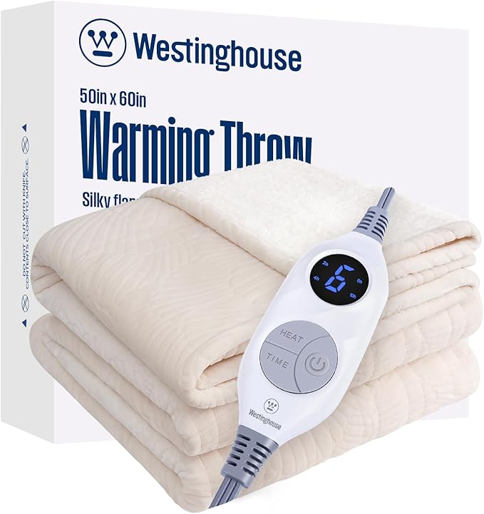 Westinghouse Heated Throw Blanket, Flower Jacquard Electric Blanket Throw with 6 Heating Levels and 2-10 Hours Auto-Off, Flannel to Sherpa Super Cozy Heated Blanket, Machine Washable (50" x 60" Beige)