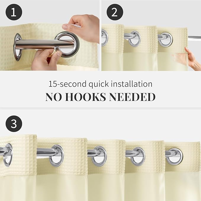 River Dream Cream Fabric Shower Curtain Set, Cotton Blend, Waffle Weave, with Snap in Replacement Liner，71 x 86 inches