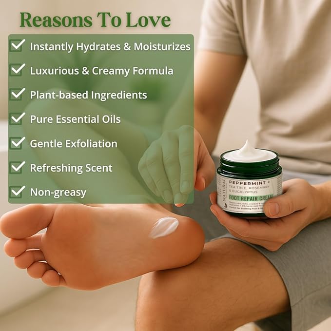 Natural Escapes Peppermint + Rosemary, Eucalyptus & Tea Tree Foot Cream for Dry Cracked Heels and Feet - Moisturizing Foot Lotion for Cracked Heel Repair - Callus Remover with Lactic Acid (4 oz)