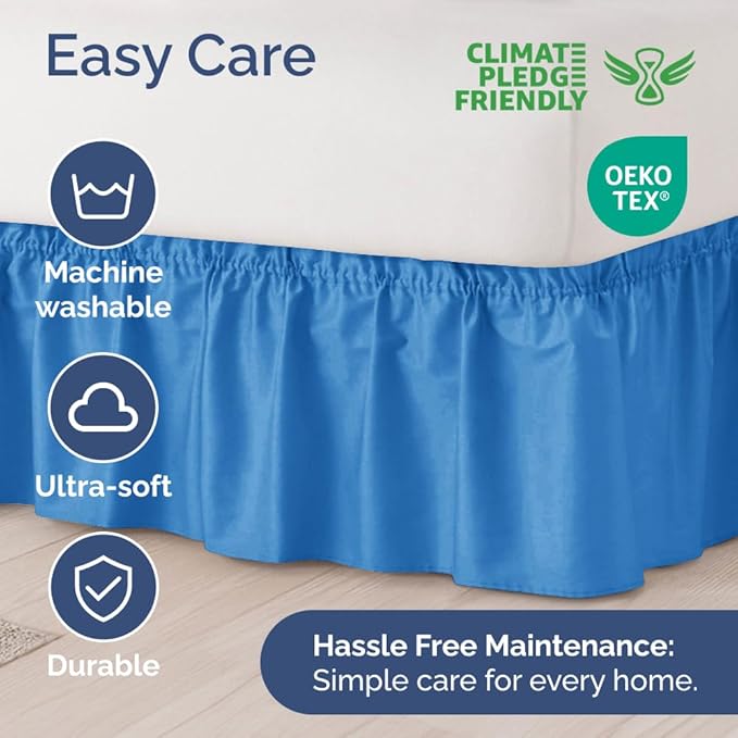 Wrap Around Dust Ruffle Bed Skirt - Royal Blue - for Full Size Beds w/ 15 Inch Drop - Easy Fit Elastic Strap - Adjustable Pleated Bedskirt w/Brushed Fabric - Wrinkle Free, Women, Men, Kids & Teens