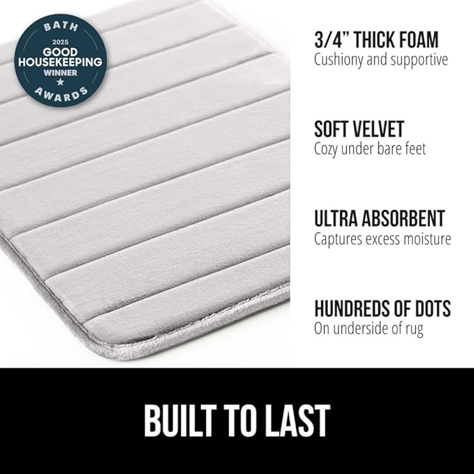 GORILLA GRIP Memory Foam Bath Mat, Soft Absorbent US Designed Bathroom Rug, Gripping Dots Machine Washable Bathmat, Cushioned Floor Mats, Shower Sink Rugs Room Décor Accessories, 36x24 Light Gray