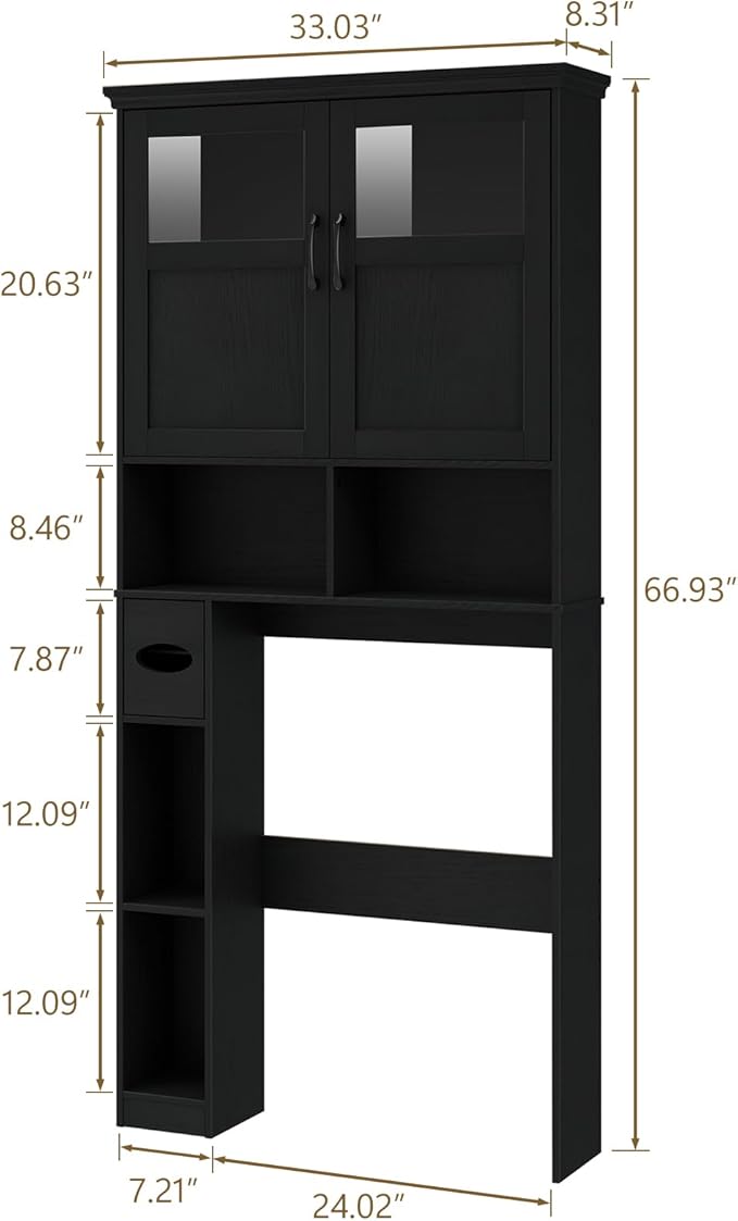 Vabches Over The Toilet Storage Cabinet, Storage Cabinet Over Toilet with Double Doors & Toilet Paper Holder Stand, Freestanding Toilet Shelf Space Saver with Anti-Tip Design & Adjustable Shelf, Black