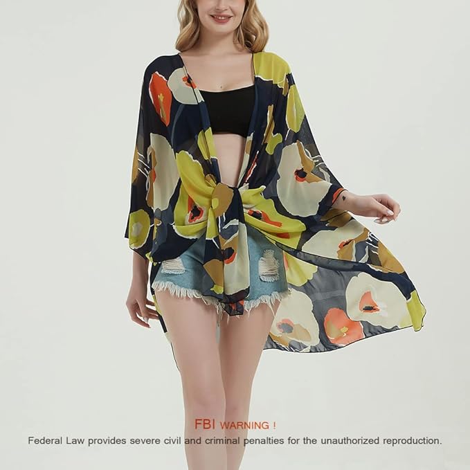 Women's Bohemian Floral Chiffon Beach Cover up Swimsuit Kimono Summer Swimwear Cardigans