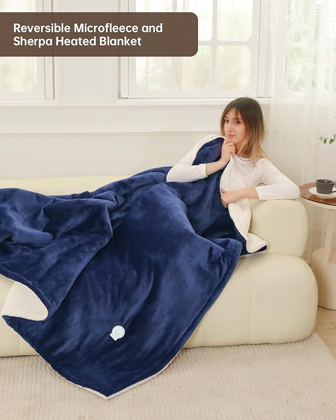 Electric Heated Blanket Twin Size, Washable Blanket Warmer for Home for Adults, Fast Heating, Super Cozy Soft Flannel 62" x 84", 9 Heat Levels, 1-9H Auto-Off, ETL Certified, Navy Blue