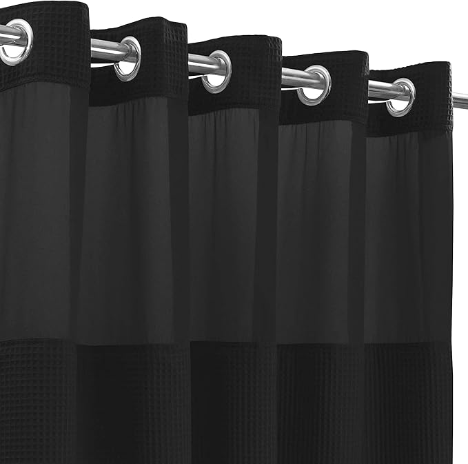 River Dream Black Fabric Shower Curtain Set, Cotton Blend, Waffle Weave, with Snap in Replacement Liner，54 x 80 inches