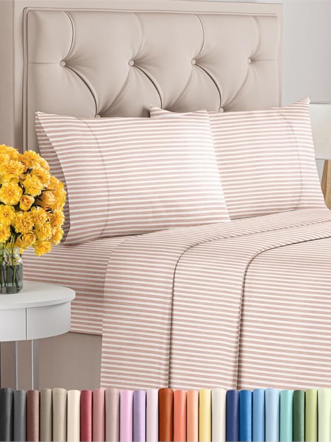 King Size 4 Piece Sheet Set - Comfy Breathable & Cooling Sheets - Hotel Luxury Bed Sheets for Women & Men - Deep Pockets, Easy-Fit, Soft & Wrinkle Free Sheets - Blush Stripes Oeko-Tex Bed Sheet Set