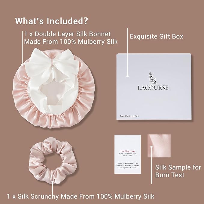 Non-Slip 100% Mulberry Silk Bonnet for Sleeping Women - Double Layer Silk Hair Wrap for Curly Hair, with Tie Bands to Secure the Cap (Pink+Ivory)