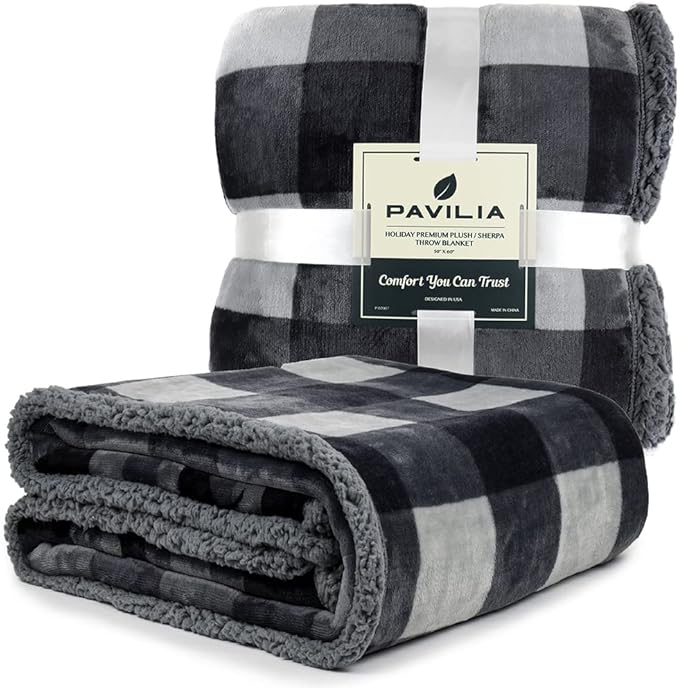 Pavilia Winter Cabin Sherpa Blanket Throw Twin | Flannel Fleece Christmas Plaid Holiday Blanket Gift | Plush, Soft, Warm, Cozy, Reversible Microfiber Throw 60x80 (Grey)
