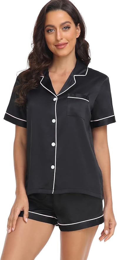 Women's Satin Pajama Set 2-Piece Sleepwear Loungewear Button Down Short Sleeve Silky PJ Set