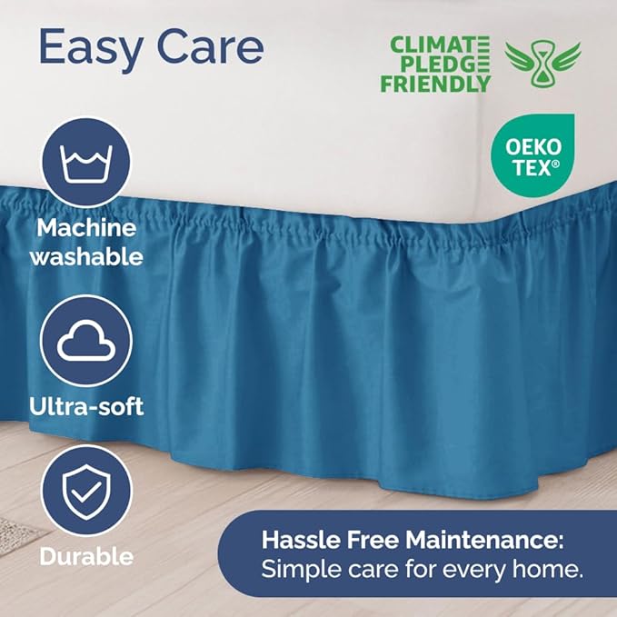 Wrap Around Dust Ruffle Bed Skirt - Denim Blue - for Queen Size Beds with 12 Inch Drop - Elastic Strap - Adjustable Pleated Bedskirt with Brushed Fabric and Wrinkle Free - For Women, Men, Kids & Teens