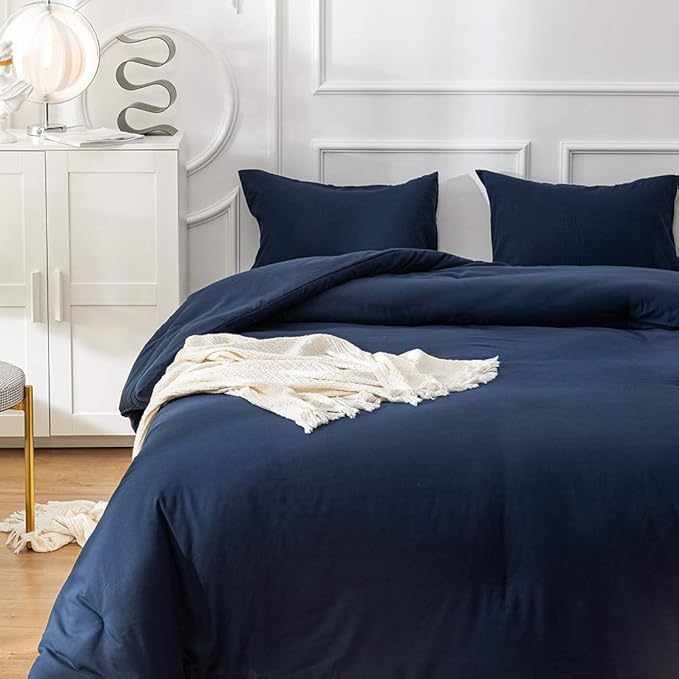 Cottonight Navy Blue Comforter Set Twin Men Boys Navy Bedding Set Dark Blue Comforter Set Breathable Soft Quilts Blanket Dark Color Modern Solid Color Pure Blue Bedding Sets for Twin Bed