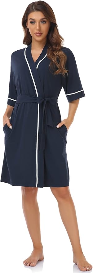 COLORFULLEAF Womens Bamboo Short Robes Lightweight Kimono Cotton Robe Soft Knit Bathrobe Ladies Loungewear with Pockets