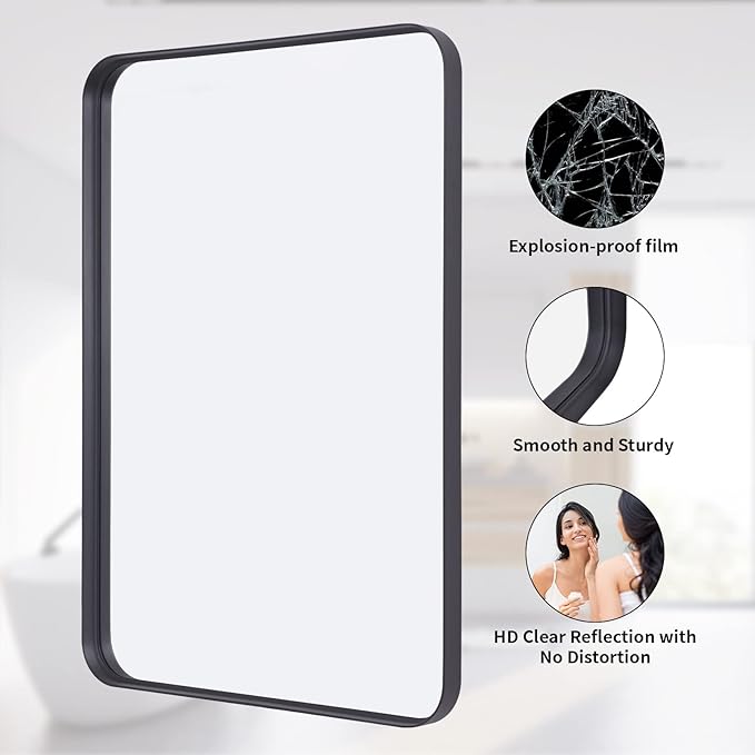 VooBang Bathroom Mirror 30x40 inch, Black Gorgeous Deep Frame Wall Mirror, Modern Round Corner Bathroom Vanity Mirror for Bedroom, Living Room, Hanging or Leaning Horizontal or Vertical, Black