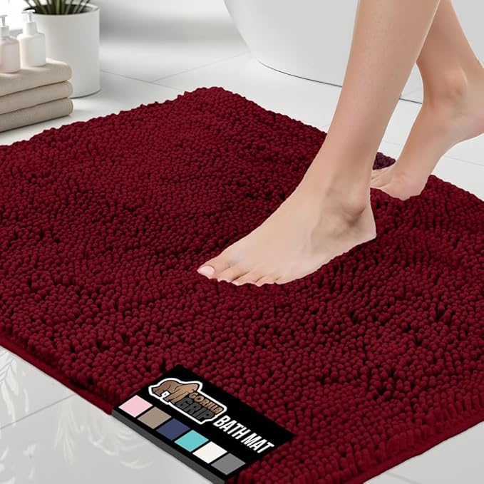 GORILLA GRIP Bath Rug Mat, Soft Absorbent Chenille, Quick Dry Microfiber Mats, Rubber Backing Washable Shower Floor Rugs, Bathmat Runner, US Designed Bathroom Home Decor Accessories 24x17, Burgundy