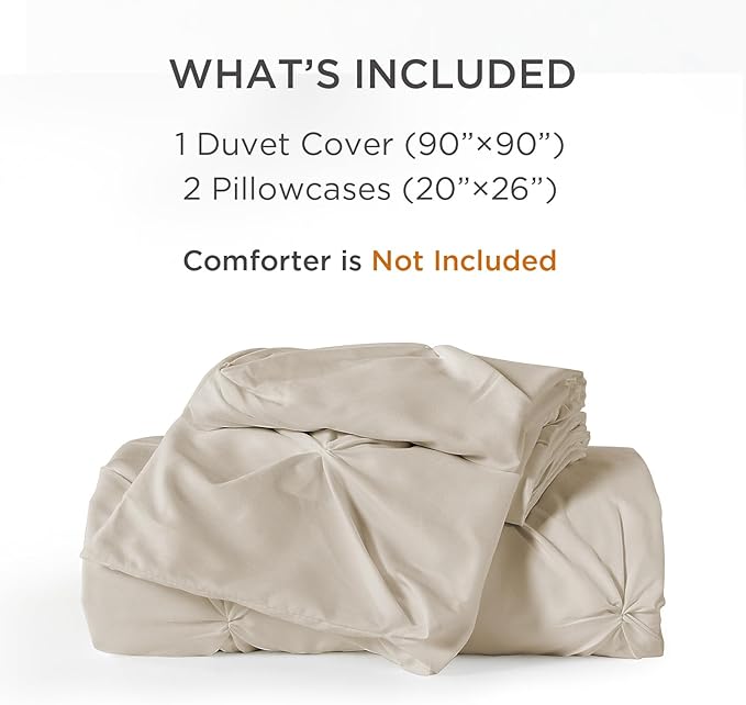 Litanika Oatmeal Pinch Pleat Duvet Cover Queen, 3 Pieces Pintuck Soft Microfiber Bedding Set with Zipper Closure & Corner Ties(90x90Inch-1 Duvet Cover, 2 Pillowcases)