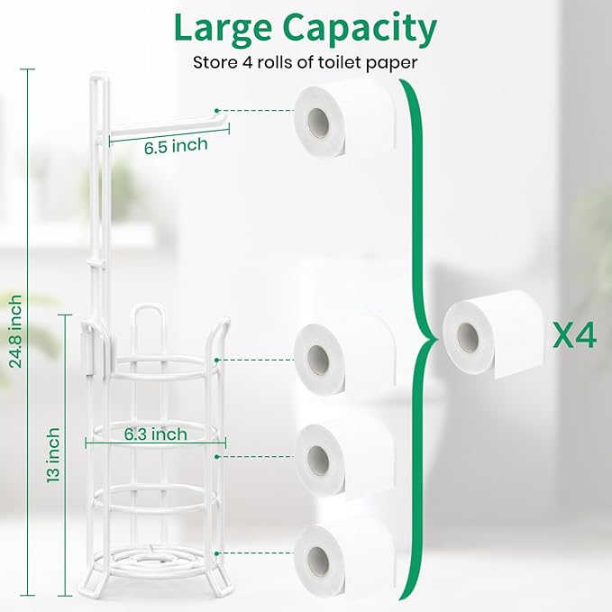 TomCare Toilet Paper Holder Toilet Paper Stand and Dispenser for 4 Mega Rolls Metal Wire Free Standing Toilet Tissue Paper Roll Storage Shelf Bathroom Accessories Storage Organizer White