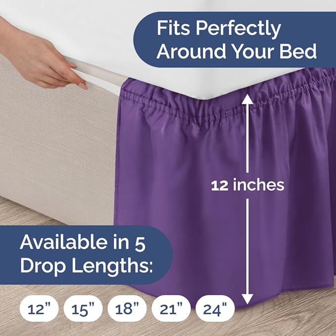 Wrap Around Dust Ruffle Bed Skirt - Purple - Twin/Twin XL Size Beds with 12 Inch Drop - Easy Fit Elastic Strap - Adjustable Pleated Bedskirt w/Brushed Fabric - Wrinkle Free - Women, Men, Kids & Teens