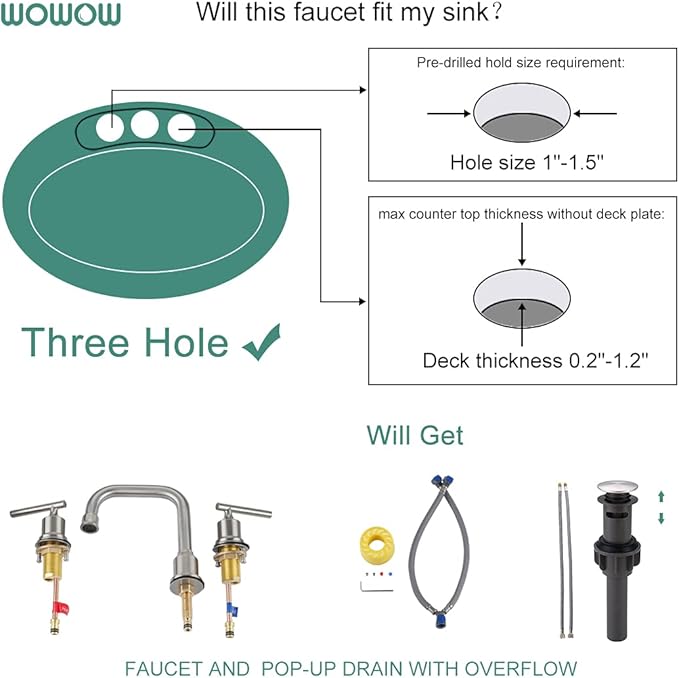 WOWOW 2 Handles 8 inch Widespread High Arc Bathroom Faucet Brushed Nickel Lavatory Faucet 3 Hole 360°Swivel Spout Modern Sink Basin Faucets