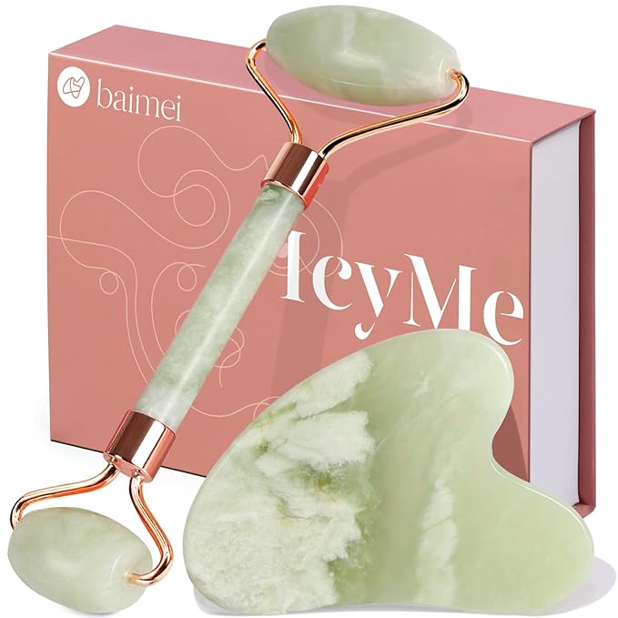 BAIMEI IcyMe Jade Roller & Gua Sha Set Face Roller and Gua Sha Facial Tools for Skin Care Routine and Puffiness, Self Care Gift for Men Women - Light Green