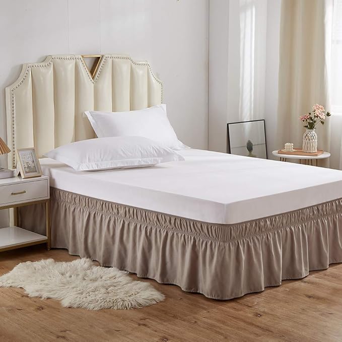 MEILA Wrap Around Bed Skirt Three Fabric Sides Elastic Dust Ruffled 14 Inch Tailored Drop,Easy to Install Fade Resistant-Taupe, Twin/Full