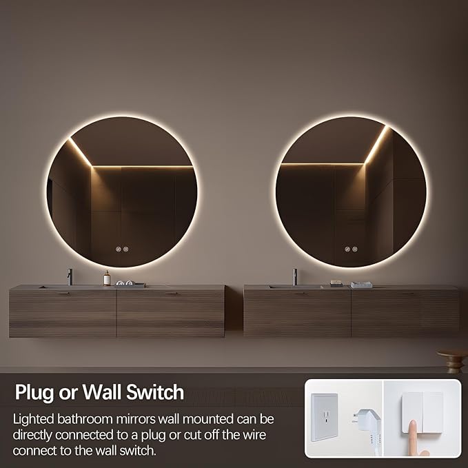 Niccy Round Led Mirror for Bathroom, 40" Circle Frameless Backlit Mirror wiht Light, Anti-Fog, 3 Colors, Waterproof, Memory Function