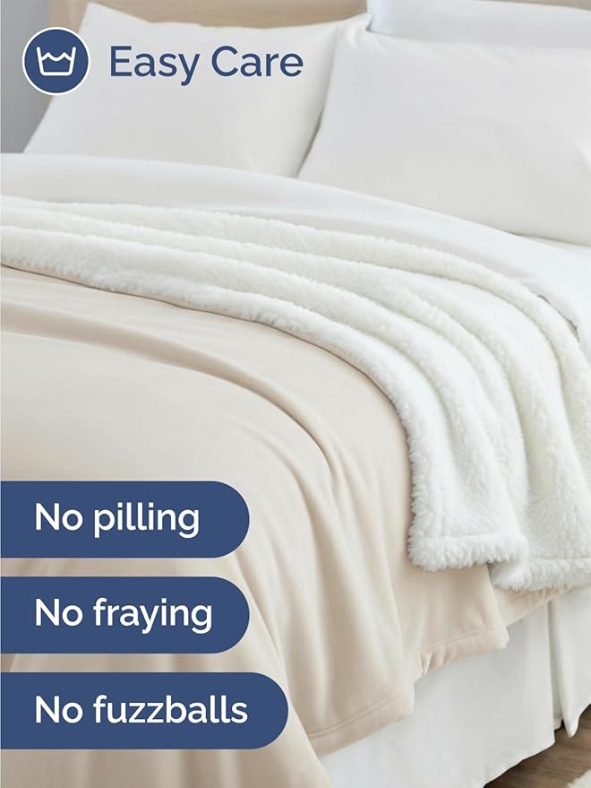 Sherpa Fleece Blanket Throw Size - Reversible Sherpa Fleece Throw Blanket - Super Soft Double Sided for Bed, Sofa, Couch - Thick, Warm, and Plush - Luxurious Bedding for Winter - Ivory, 50" x 60"