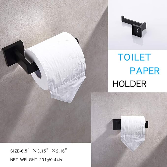 TASTOS 3-Piece Bathroom Hardware Set Matte Black Wall Mounted Bathroom Accessory Set, Premium Stainless Steel Robe Hook Toilet Paper Holder 16-Inch Towel Bar (Black)