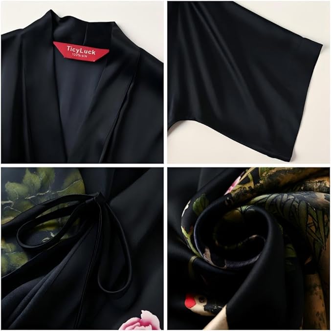 Women's Silk Kimono Robe Long Bathrobe Nightgown 100% Mulberry Silk for Women - Classic Floral Pattern