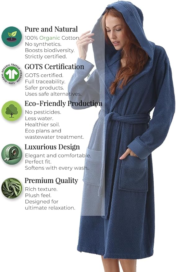 SEYANTE Organic Turkish Cotton Terry Hooded Kimono Bathrobe, Robe for Women