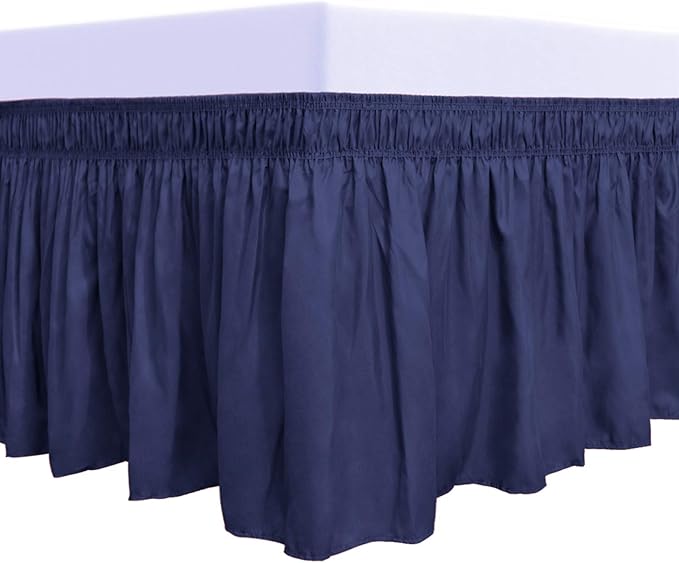 PureFit Wrap Around Ruffled Bed Skirt with Adjustable Elastic Belt - 18 Inch Drop Easy to Put On, Wrinkle Free Bedskirt Dust Ruffles, Bed Frame Cover for Queen, King and C-King Size Beds, Navy