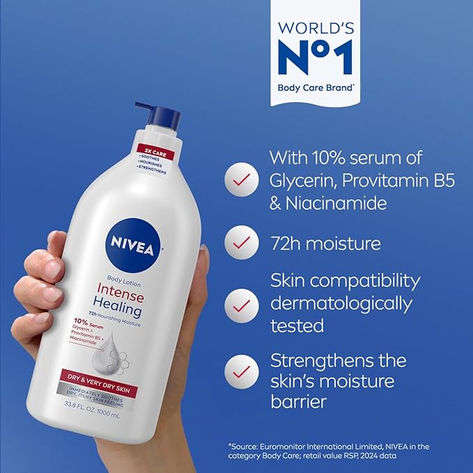 NIVEA Intense Healing Body Lotion for Very Dry, Itchy Skin with Glycerin, Provitamin B5 and Niacinamide, 72-Hour Body Moisturizer, 33.8 Fl Oz Value Size Pump Bottle
