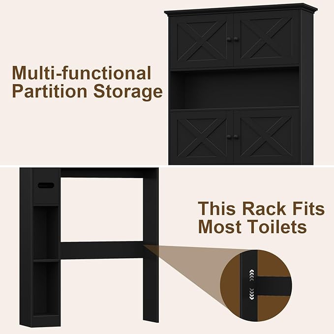 Over The Toilet Storage Cabinet, Farmhouse Storage Cabinet Over Toilet with 4 Barn Doors & Toilet Paper Holder Stand, Black Toilet Shelf Home Space Saver for Restroom, Bathroom, Laundry