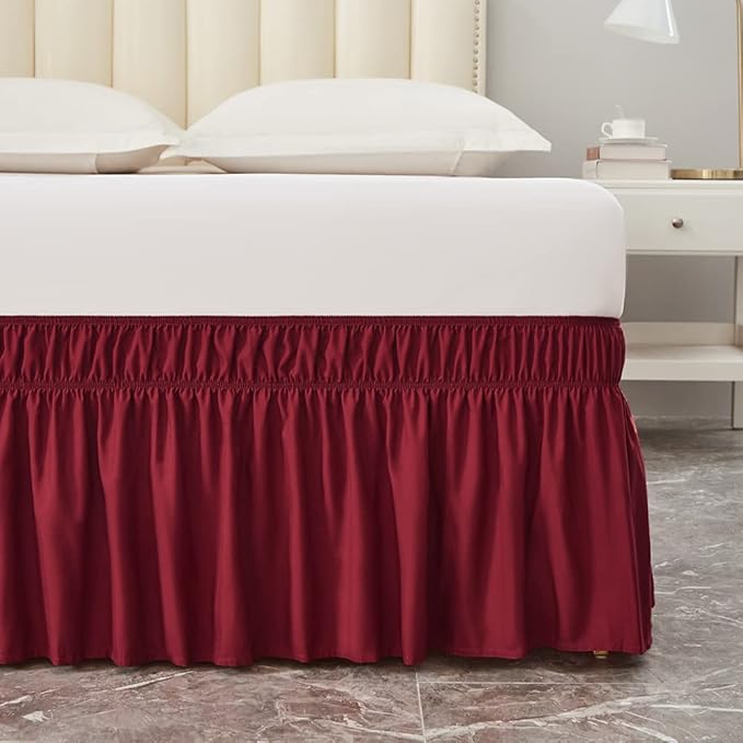 MEILA Wrap Around Bed Skirt Three Fabric Sides Elastic Dust Ruffled 18 Inch Tailored Drop,Easy to Install Fade Resistant-Burgundy, Queen/King