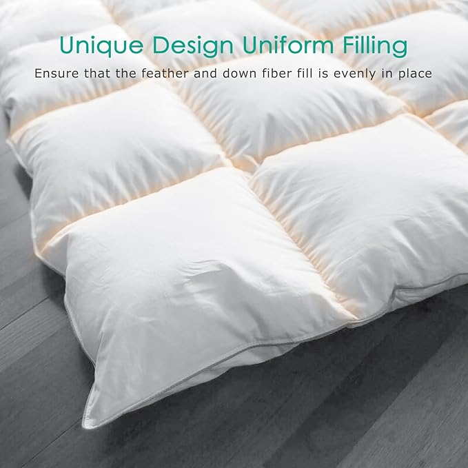 APSMILE Premium Down Feather Fibers Comforter King Size, All Season Duvet Insert King with 8 Corner Tabs, Ultra Soft Poly-Cotton Cover Down Feather Fibers Comforter (White, 106 * 90")