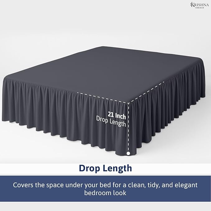 KRISHNA Ruffled Bed Skirt with Split Corners Twin, 100% Microfiber Hotel Quality, 21 Inch Drop Dust Ruffle Gathered Bedskirt with Platform, 39" x 75", Dark Grey